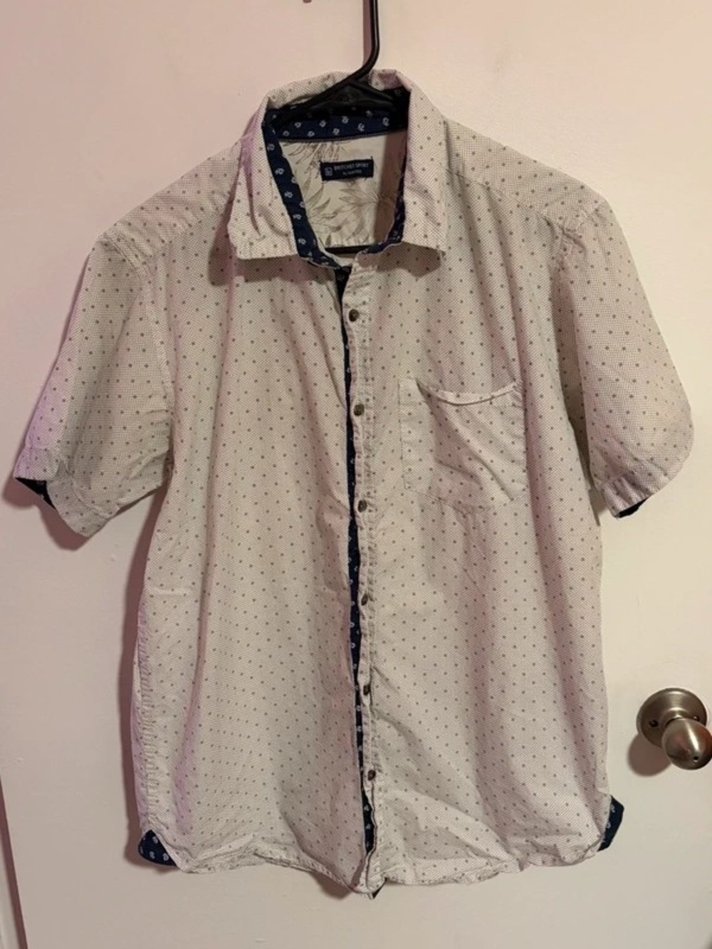 Original Penguin Short-Sleeve Button-Down Shirt in Off-White with Navy Trim